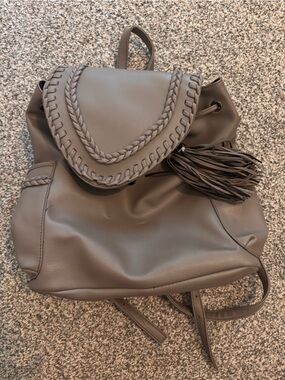Grey Leather Drawstring Backpack with Tassel